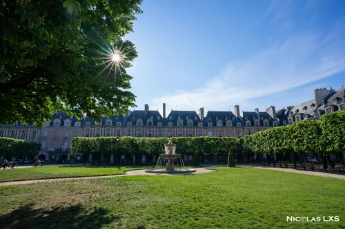 Pavillons de la place des Vosges derrière les tilleuls taillés