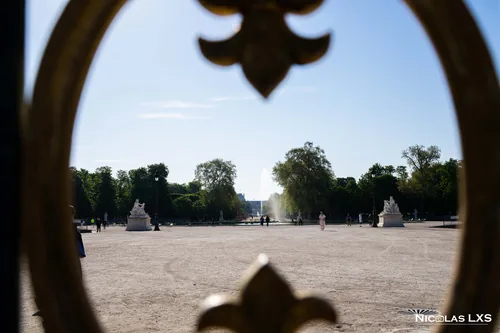Jardin des Tuileries vu à travers une grille ornée de fleurs de lys